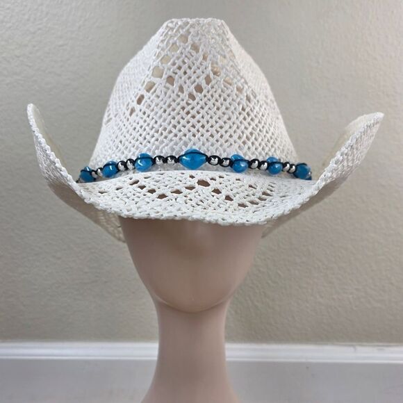 ?NIB White & Turquoise Beaded Straw Cowgirl Hat main image 11